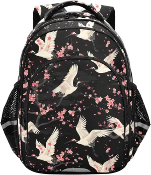 CHIFIGNO White Cranes Pink Cherry Blossoms Backpack for School with Reflective Stripes Travel Laptop Bookbag Child Backpack School Bags