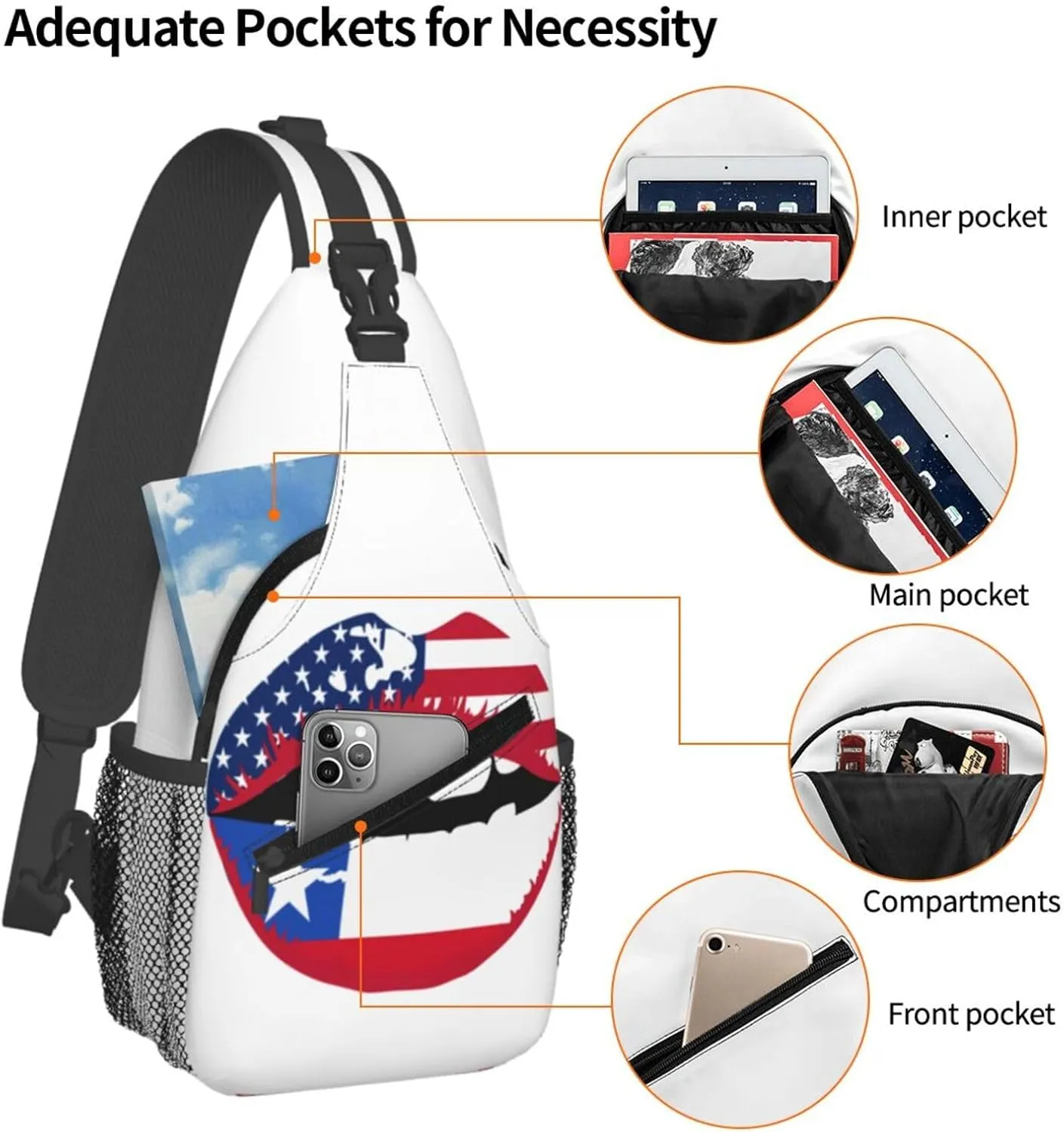 Chile Chilean American Flag Lips Crossbody Bags Sling Backpack Cross Chest Bag Sports Shoulder Bag Gym Fanny Pack Adjustable Cycling Daypack Diagonally Rucksack for Running