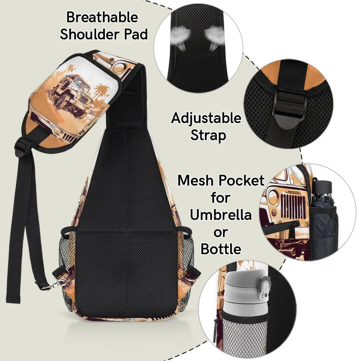Classic Car Design Sling Bag for Women Men, Waterproof Crossbody Sling Backpack Travel Outdoor Sports Chest Bag