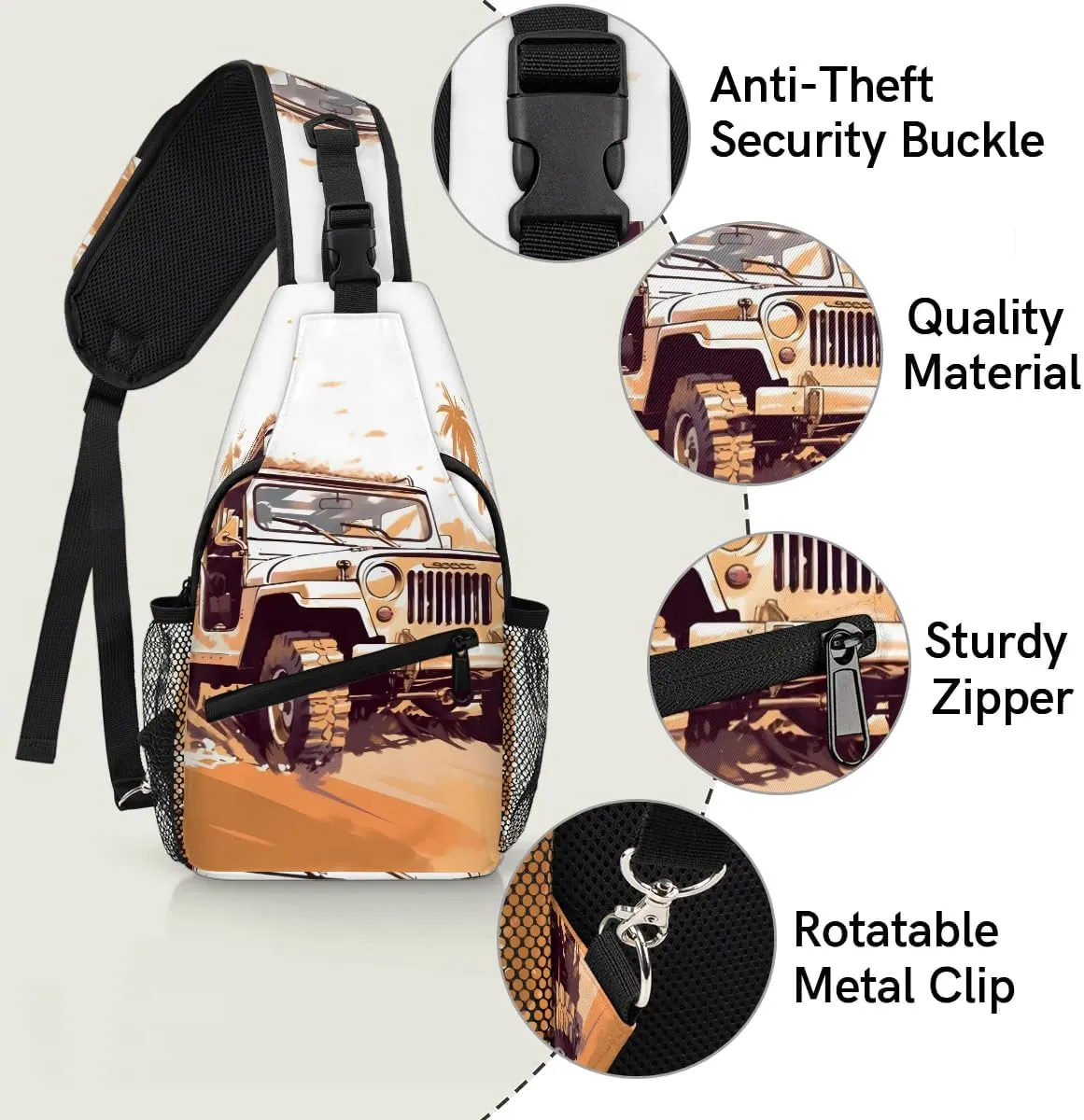 Classic Car Design Sling Bag for Women Men, Waterproof Crossbody Sling Backpack Travel Outdoor Sports Chest Bag
