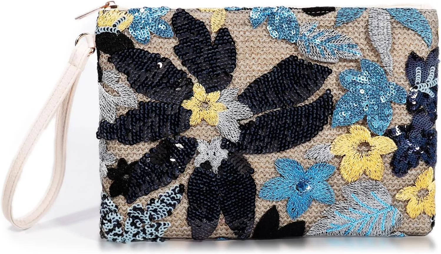 Clutch Purses for Women, Straw Bag, Bohemian Handmade Sequin Embroidered Flowers Envelope Package, Leather wristbands, Beach Handbags for Vacation, Travel, Banquet(Black Flower)