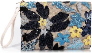 Clutch Purses for Women, Straw Bag, Bohemian Handmade Sequin Embroidered Flowers Envelope Package, Leather wristbands, Beach Handbags for Vacation, Travel, Banquet(Black Flower)