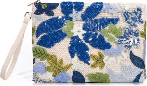 Clutch Purses for Women, Straw Bag, Bohemian Handmade Sequin Embroidered Flowers Envelope Package, Leather wristbands, Beach Handbags for Vacation, Travel, Banquet(Blue Flower)