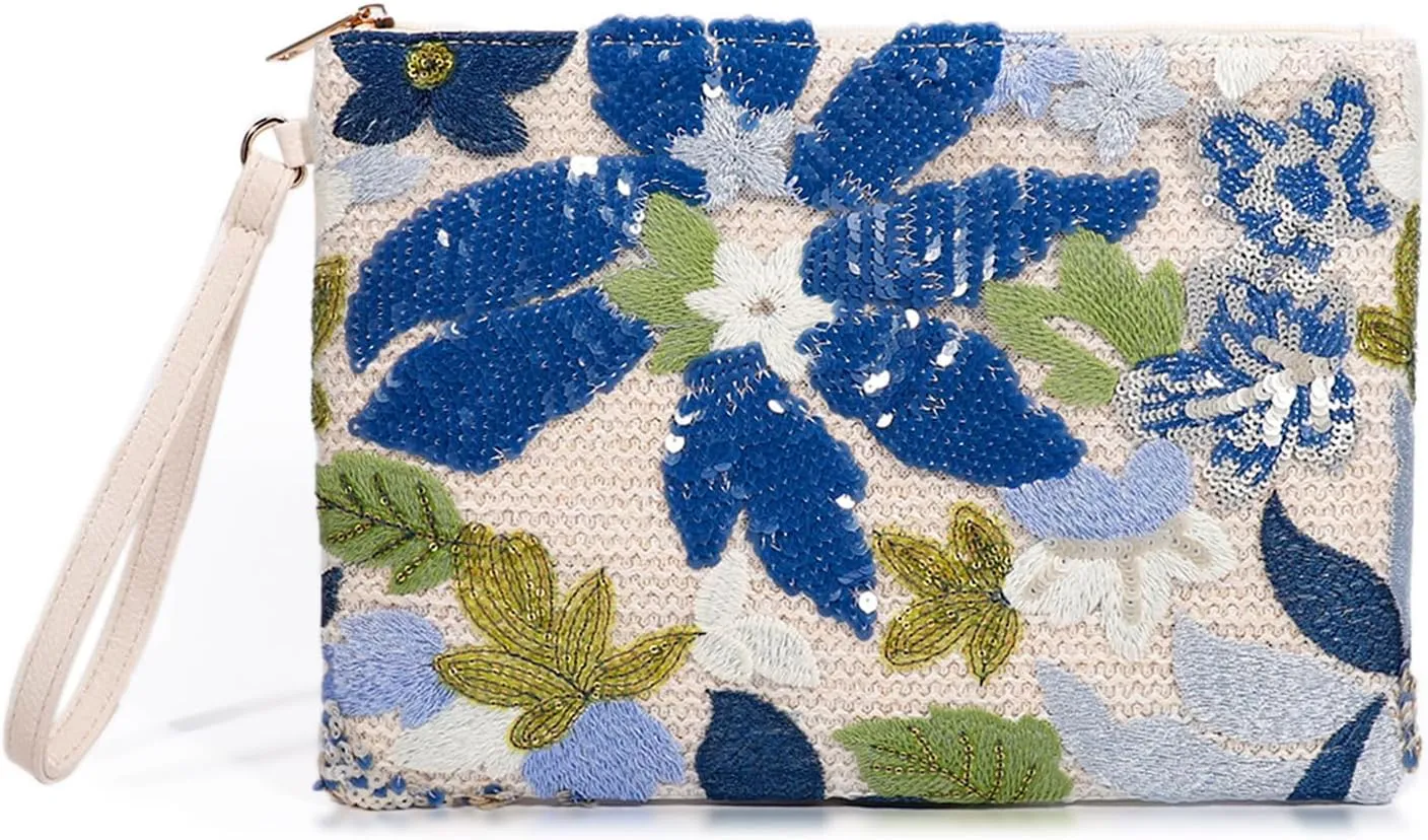 Clutch Purses for Women, Straw Bag, Bohemian Handmade Sequin Embroidered Flowers Envelope Package, Leather wristbands, Beach Handbags for Vacation, Travel, Banquet(Blue Flower)