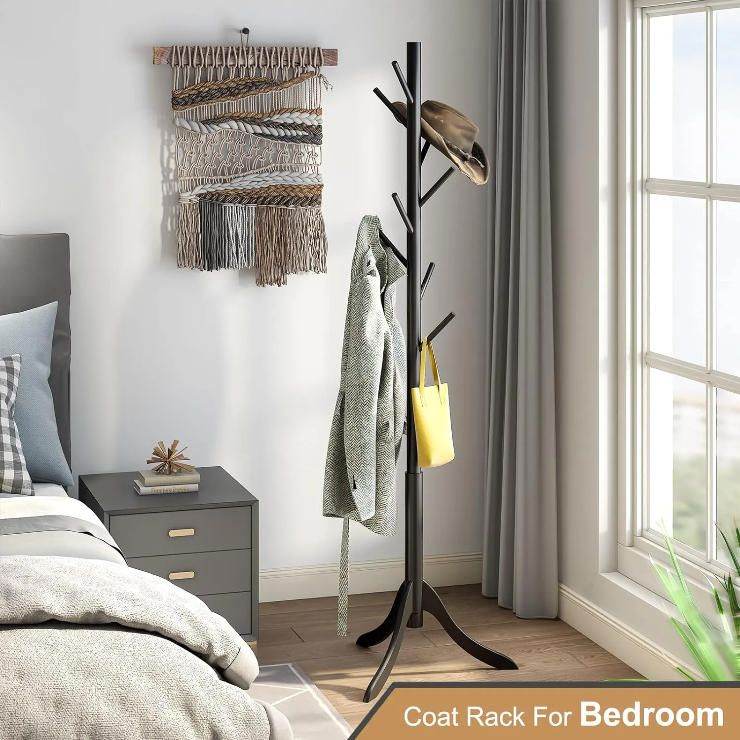 Coat Rack Freestanding, Coat Stands Entryway, Bamboo Coat Rack Hat Hanger 8 Hook for Jacket, Purse, Scarf Rack, Umbrella Tree Stand (Black)