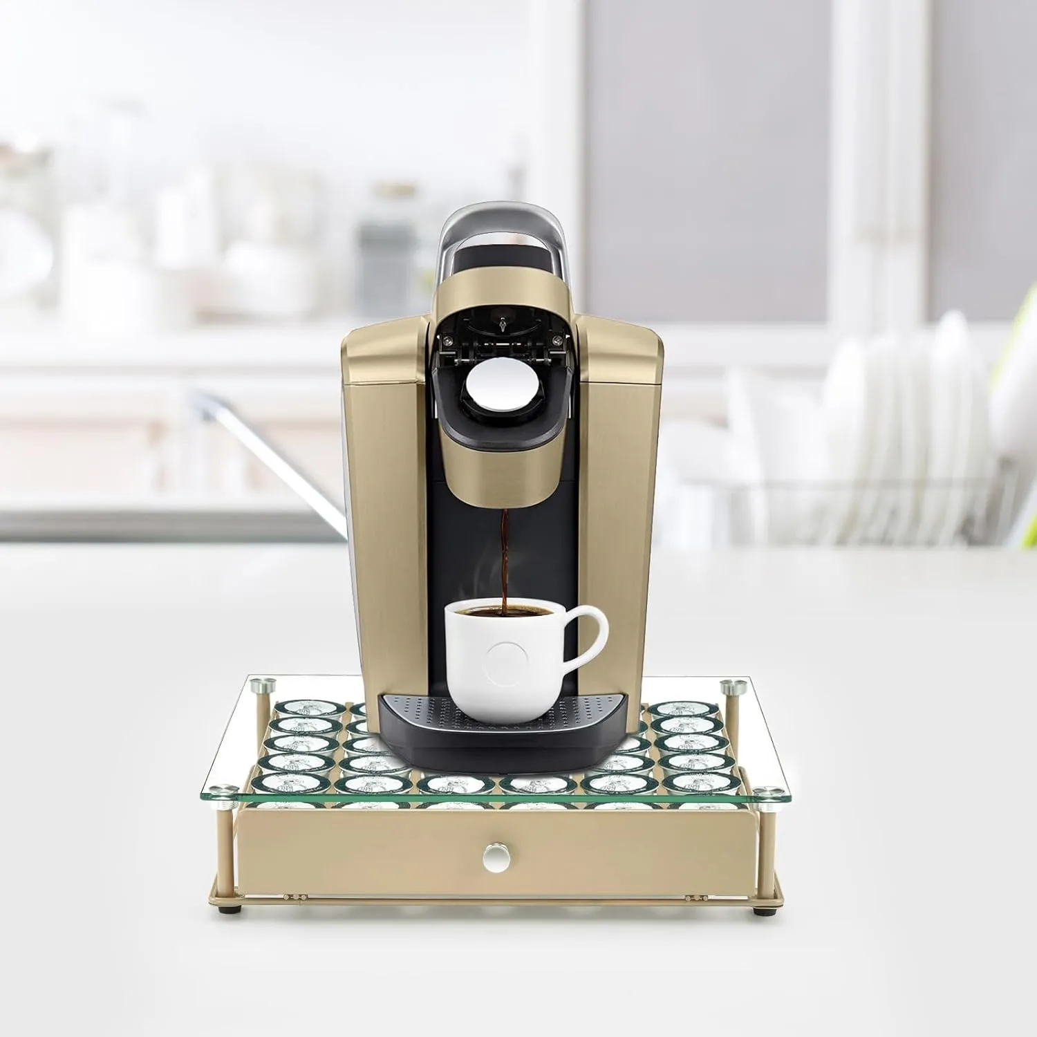 Coffee Pod Holder With Tempered Glass Top Drawer - Compatible With K Cup Pods, Holds 36 - Storage Organizer for Shop, Office, Kitchen Counter 14 13 3 in