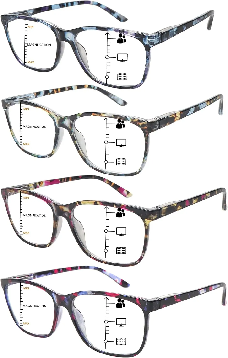 COJWIS Multifocus Progressive Reading Glasses for Women/Men - 4 Pack Bifocal Computer/Book Readers Blue Light Blocking With Spring Hinge(4 Mix,4.0x)