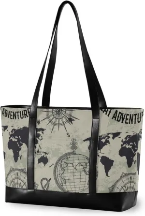 Compass World Map Laptop Tote Bag for Women Canvas Teacher Tote Bags Travel Work Bag Handbags Purse with Zipper