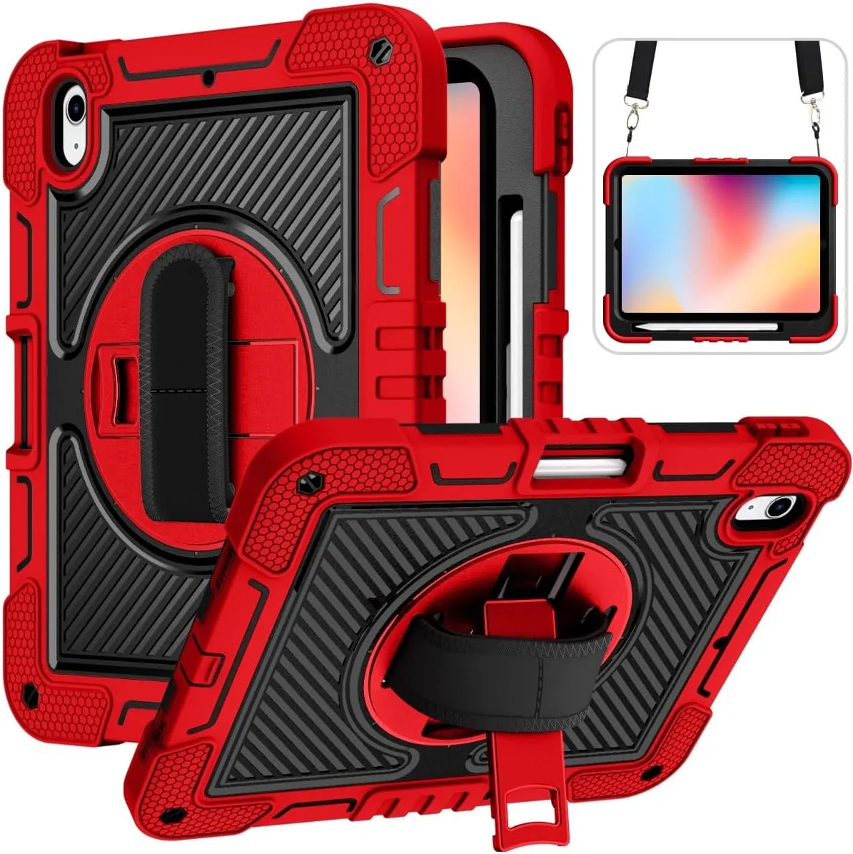 Compatible with iPad 10th Generation 10.9 inch 2022 CASE,Heavy Duty Rugged Shockproof Protective Case with Hand Strap/Shoulder Strap Stable Kickstand Silicone Shell(Vermelho)