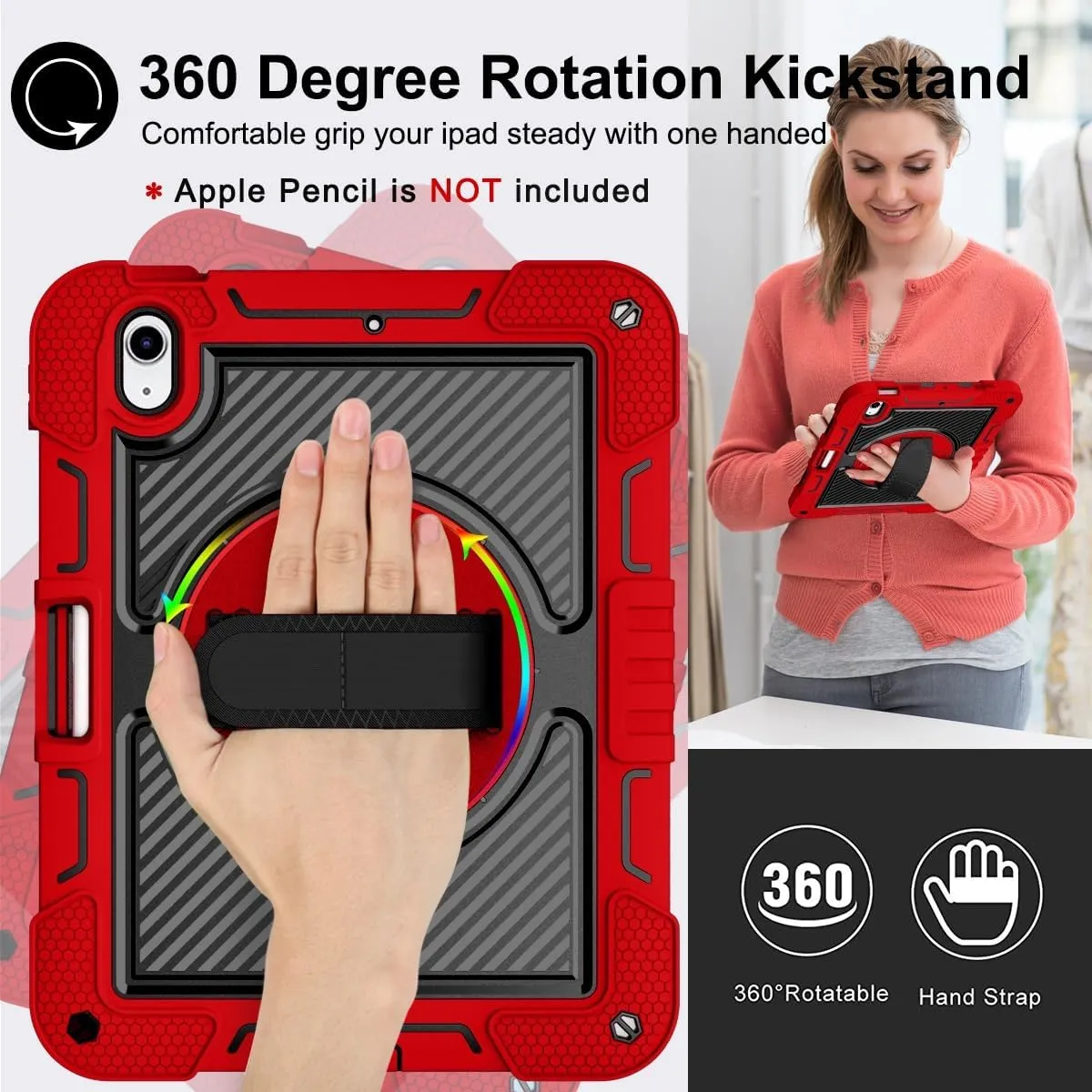 Compatible with iPad 10th Generation 10.9 inch 2022 CASE,Heavy Duty Rugged Shockproof Protective Case with Hand Strap/Shoulder Strap Stable Kickstand Silicone Shell(Vermelho)