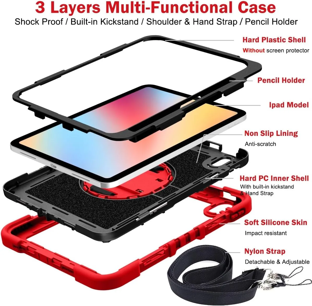 Compatible with iPad 10th Generation 10.9 inch 2022 CASE,Heavy Duty Rugged Shockproof Protective Case with Hand Strap/Shoulder Strap Stable Kickstand Silicone Shell(Vermelho)