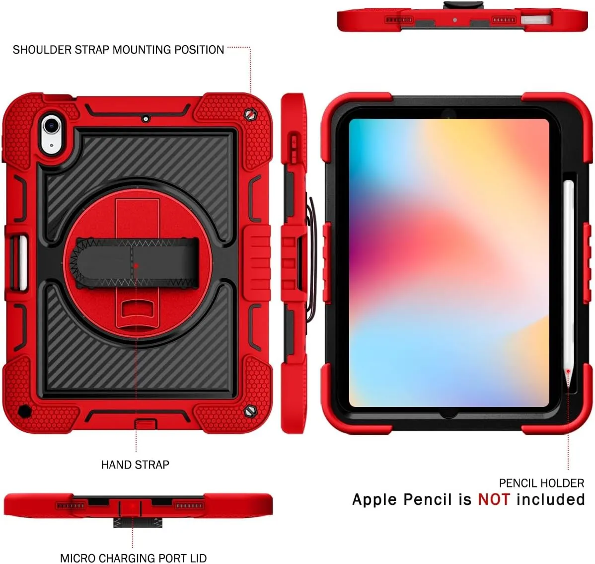 Compatible with iPad 10th Generation 10.9 inch 2022 CASE,Heavy Duty Rugged Shockproof Protective Case with Hand Strap/Shoulder Strap Stable Kickstand Silicone Shell(Vermelho)