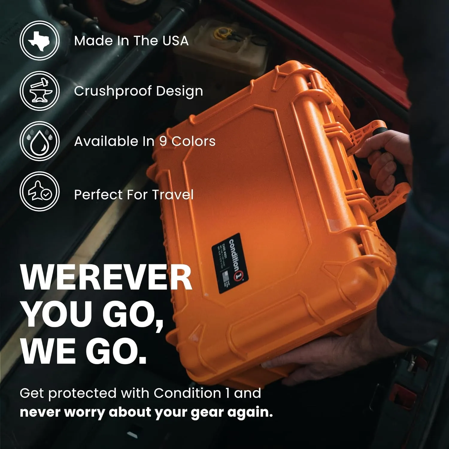 Condition 1 18" Medium Waterproof Hard Case with Foam, Model 801, Portable Protective Storage, Box for Travel, Tactical Gear, Made in USA, 18.36"x13.70"x 7.03" Yellow