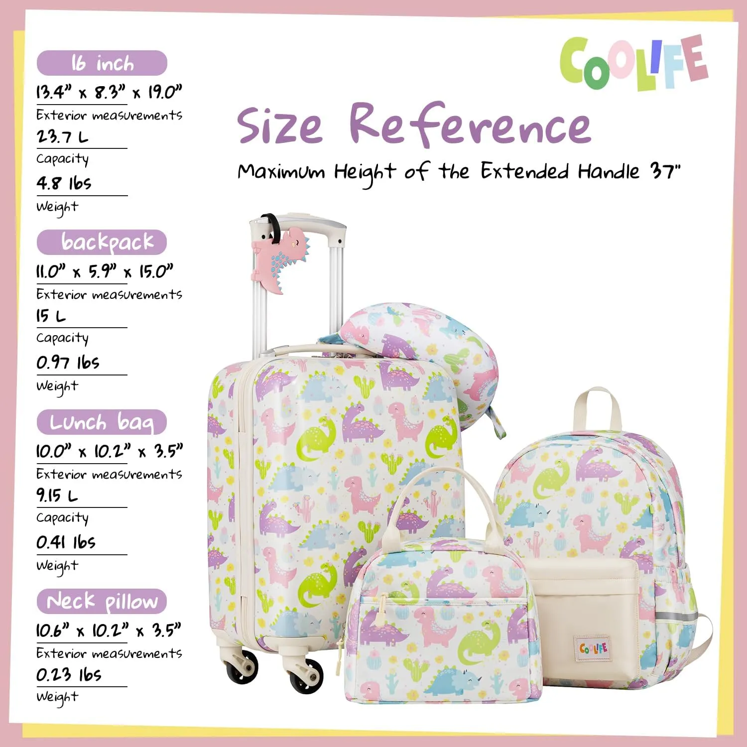 Coolife Kid’s Luggage Set 5 Piece Suitcase Set 16’’ Carry on Hardside Spinner Toddler Luggage Travel Rolling Luggage Girls Boys