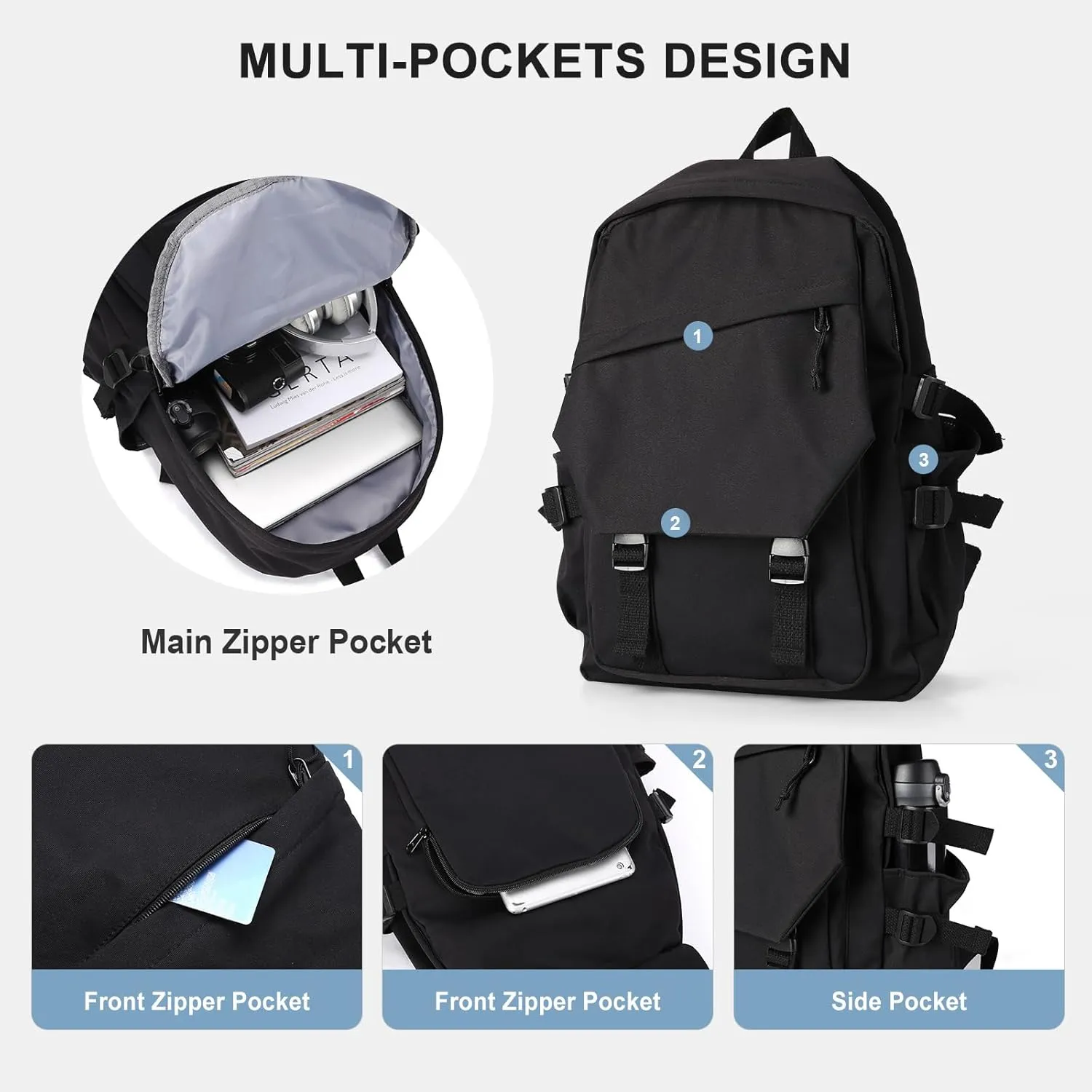 coowoz School Backpack for Men Women College Bookbag Waterproof Lightweight Black Backpack Mochilas Book Bag Rucksack Casual Daypack School Bag for Boys Girls