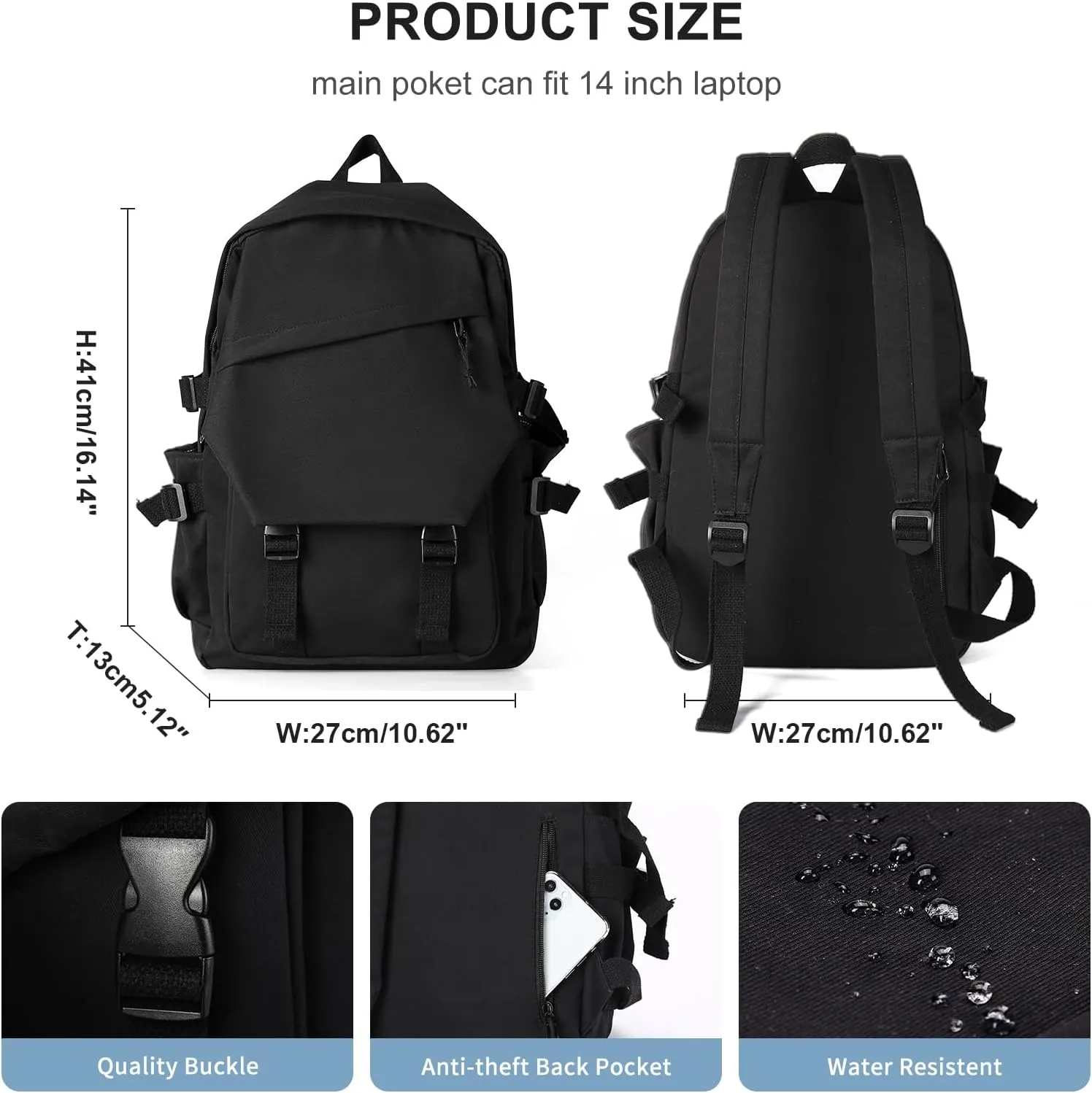 coowoz School Backpack for Men Women College Bookbag Waterproof Lightweight Black Backpack Mochilas Book Bag Rucksack Casual Daypack School Bag for Boys Girls