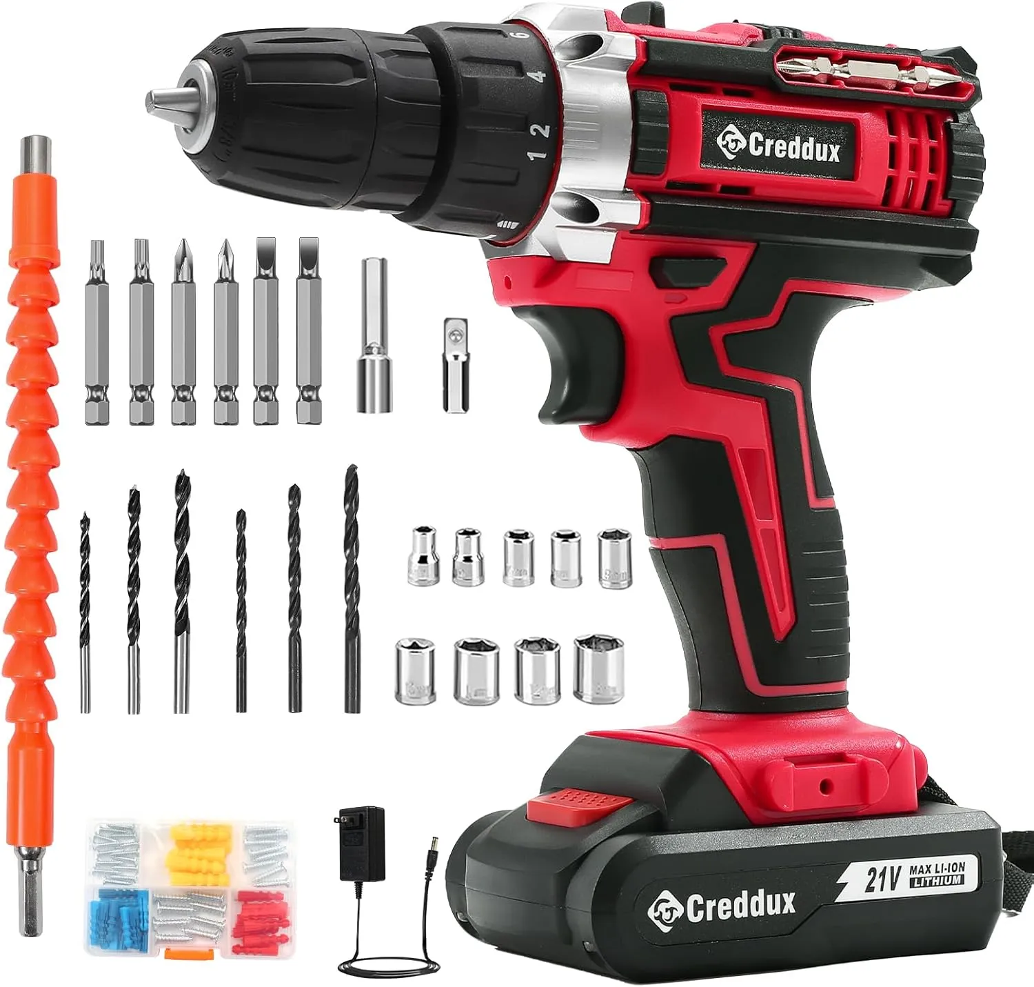 Cordless Drill Set 21v Power Drill Cordless With Battery & Charger, 84pcs Accessories Electric Drills Variable Speed, 3/8" Keyless Chuck, Built-In Level and 2 Driver Red kit