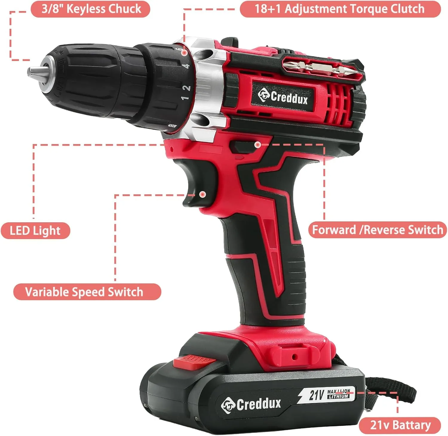 Cordless Drill Set 21v Power Drill Cordless With Battery & Charger, 84pcs Accessories Electric Drills Variable Speed, 3/8" Keyless Chuck, Built-In Level and 2 Driver Red kit