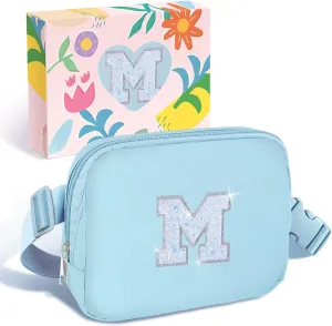 COSHAYSOO Blue Belt Bag Small Waist Fanny Pack Crossbody Purse with Initial Letter for Teen Girl Women Travel Accessories, Cross Body Chest Pouch Trendy Preppy Easter Birthday Gift M