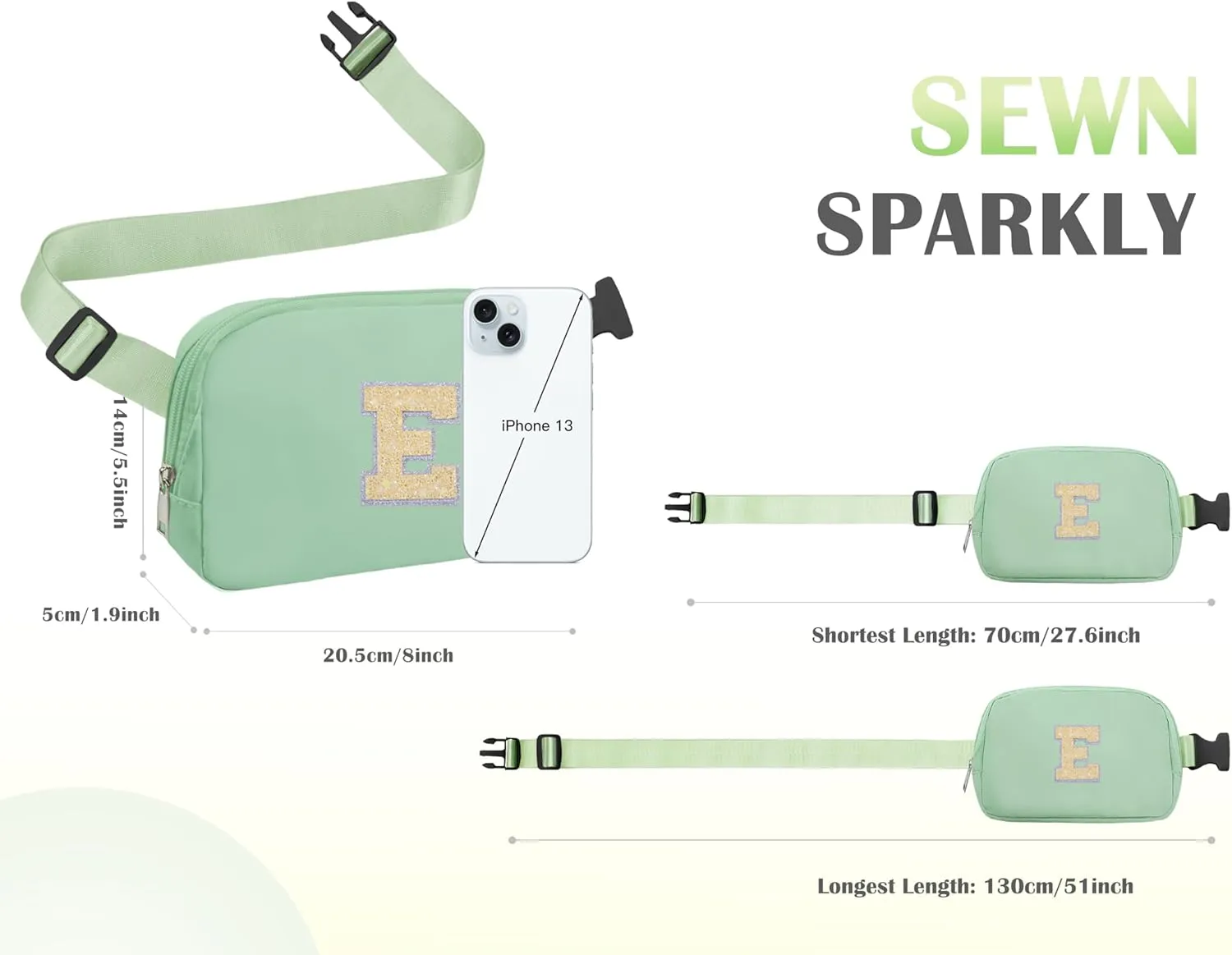 COSHAYSOO Green Belt Bag Crossbody Initial Fanny Waist Pack Small Travel Purse for Teen Girls Sisters Daughter Granddaughter Birthday Christmas Gift Preppy Girly Monogram Cute Fashion Letter E