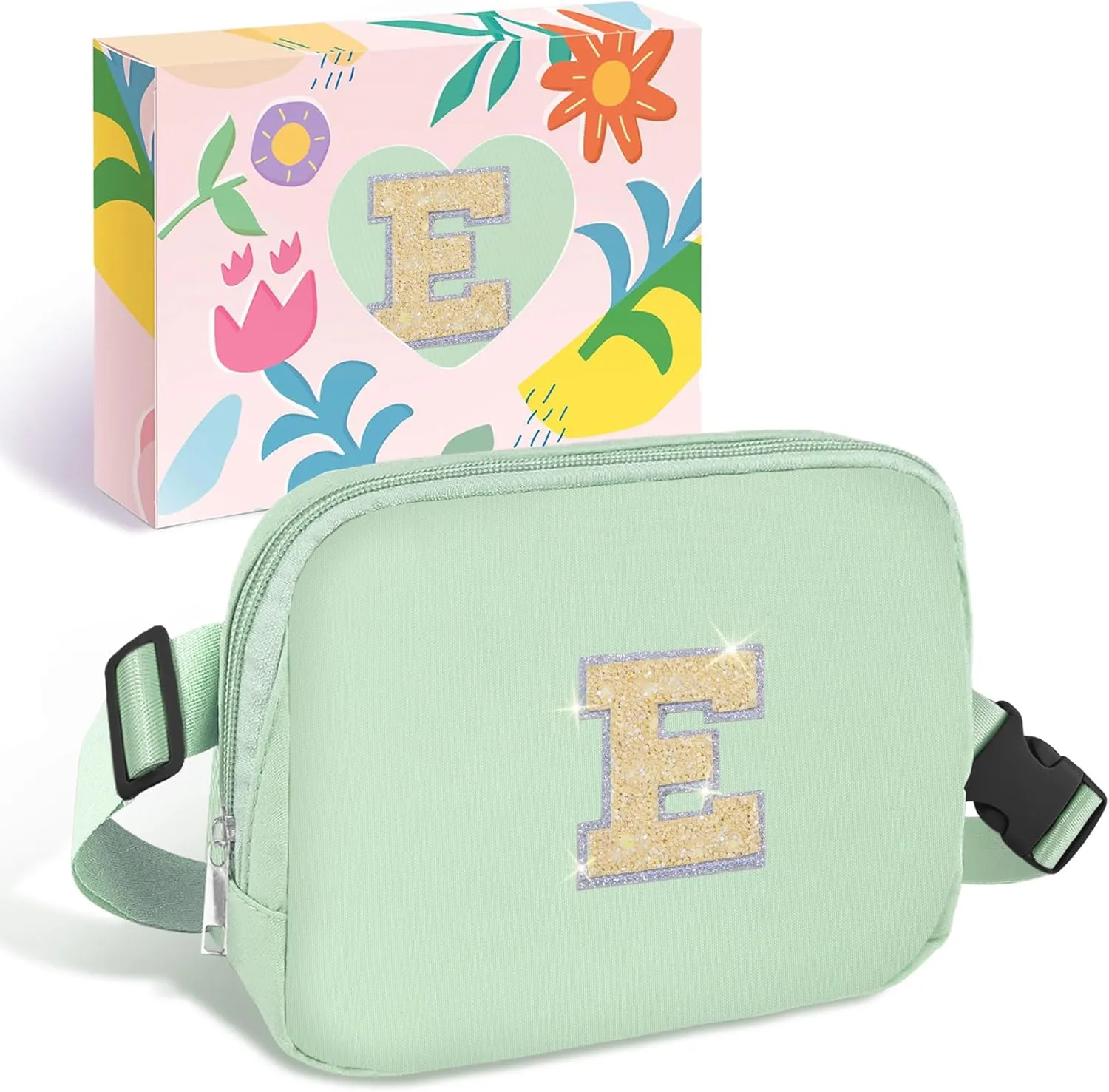 COSHAYSOO Green Belt Bag Crossbody Initial Fanny Waist Pack Small Travel Purse for Teen Girls Sisters Daughter Granddaughter Birthday Christmas Gift Preppy Girly Monogram Cute Fashion Letter E