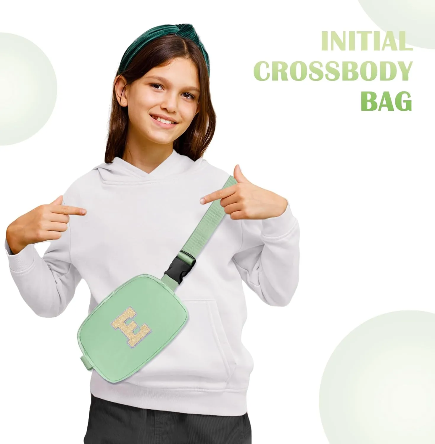 COSHAYSOO Green Belt Bag Crossbody Initial Fanny Waist Pack Small Travel Purse for Teen Girls Sisters Daughter Granddaughter Birthday Christmas Gift Preppy Girly Monogram Cute Fashion Letter E
