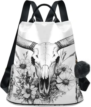Cow Goat Skull Backpack for Women Anti Theft Large Fashion Travel Shoulder Bag Purse Rucksack Lightweight