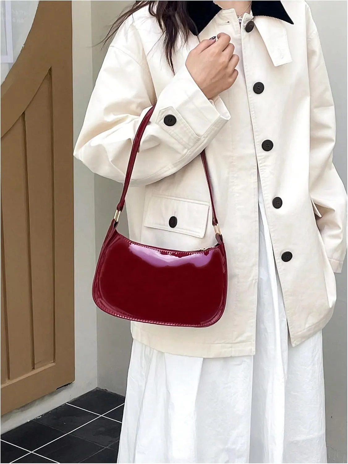 COZYEASE Women's Glossy Shoulder Bag Top Handle Zipper Closure Underarm Bag Leather Satchel Purse