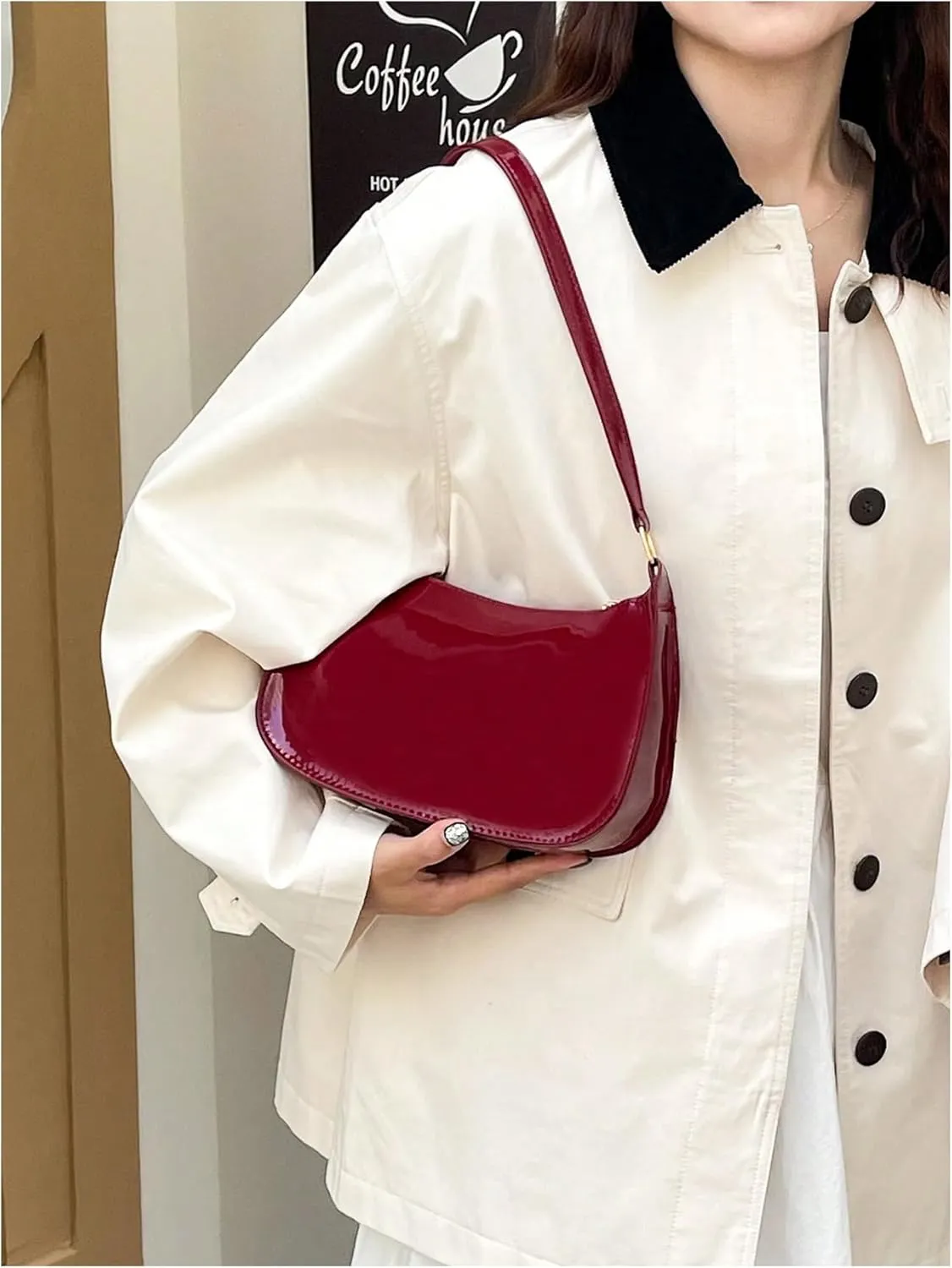 COZYEASE Women's Glossy Shoulder Bag Top Handle Zipper Closure Underarm Bag Leather Satchel Purse