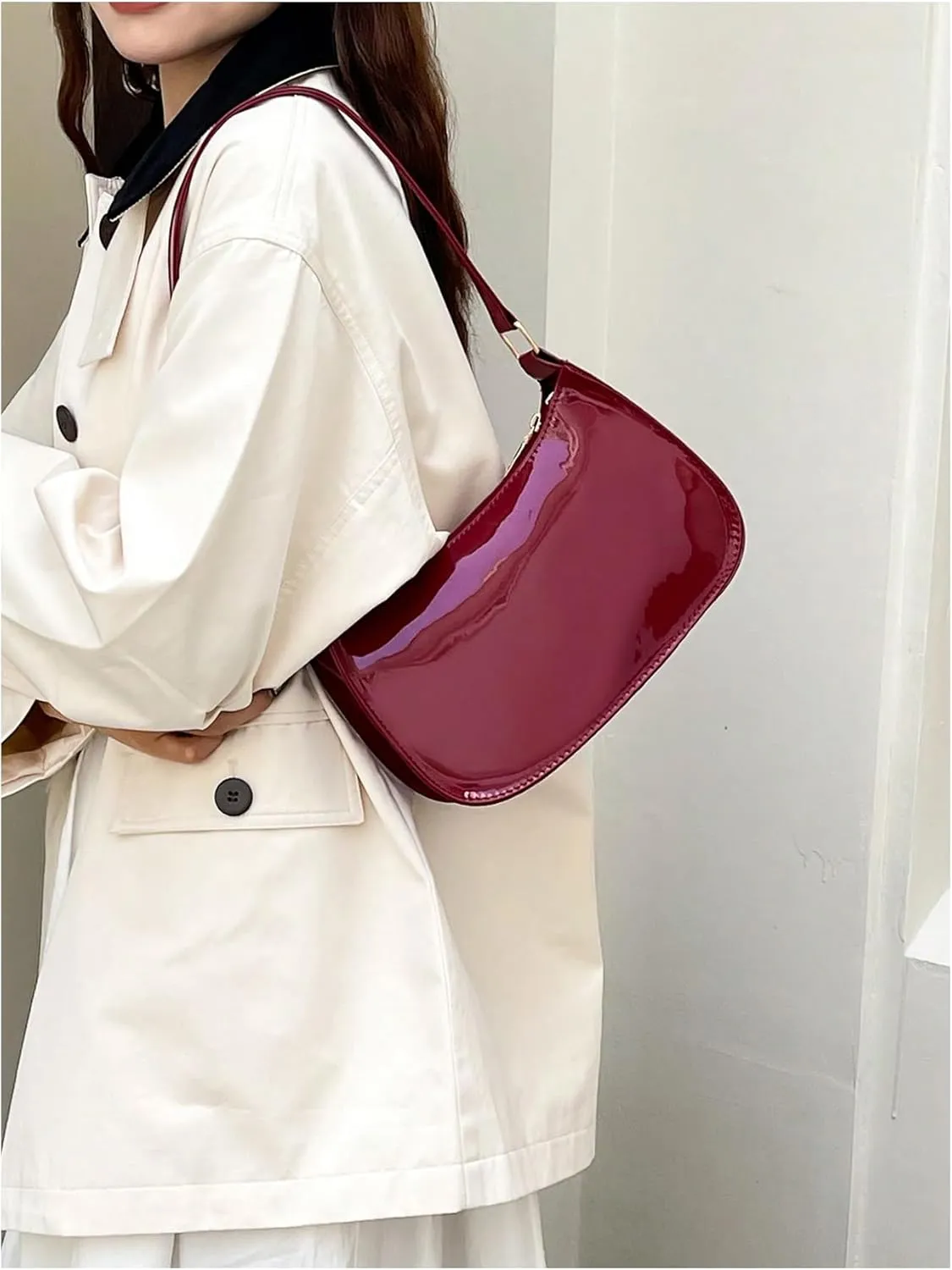 COZYEASE Women's Glossy Shoulder Bag Top Handle Zipper Closure Underarm Bag Leather Satchel Purse
