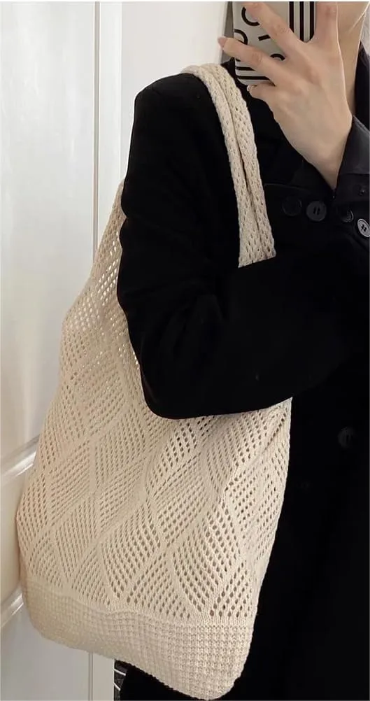 Crochet Mesh Beach Tote Bag Shoulder Bag Handbags Knitting Hollow Beach Bag Aesthetic for Women