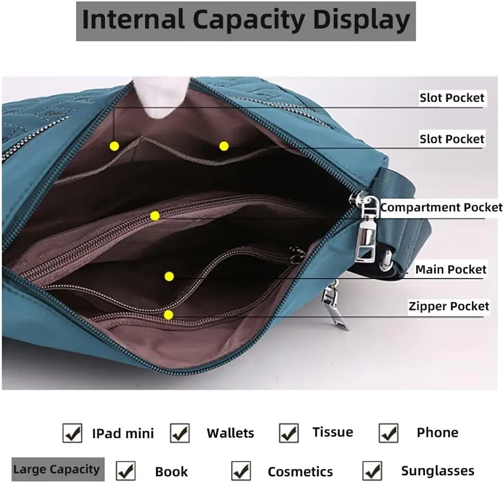 Crossbody Bag for Women Waterproof Nylon Purse Multi-pockets Messenger Bag Casual Shoulder Handbags for Work Travel