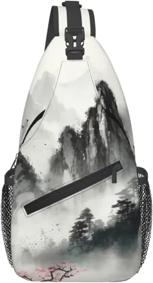 Crossbody Bag Sling Backpack Ink Painting Style Mountain Travel Hiking Chest Bag Daypack for Women Men
