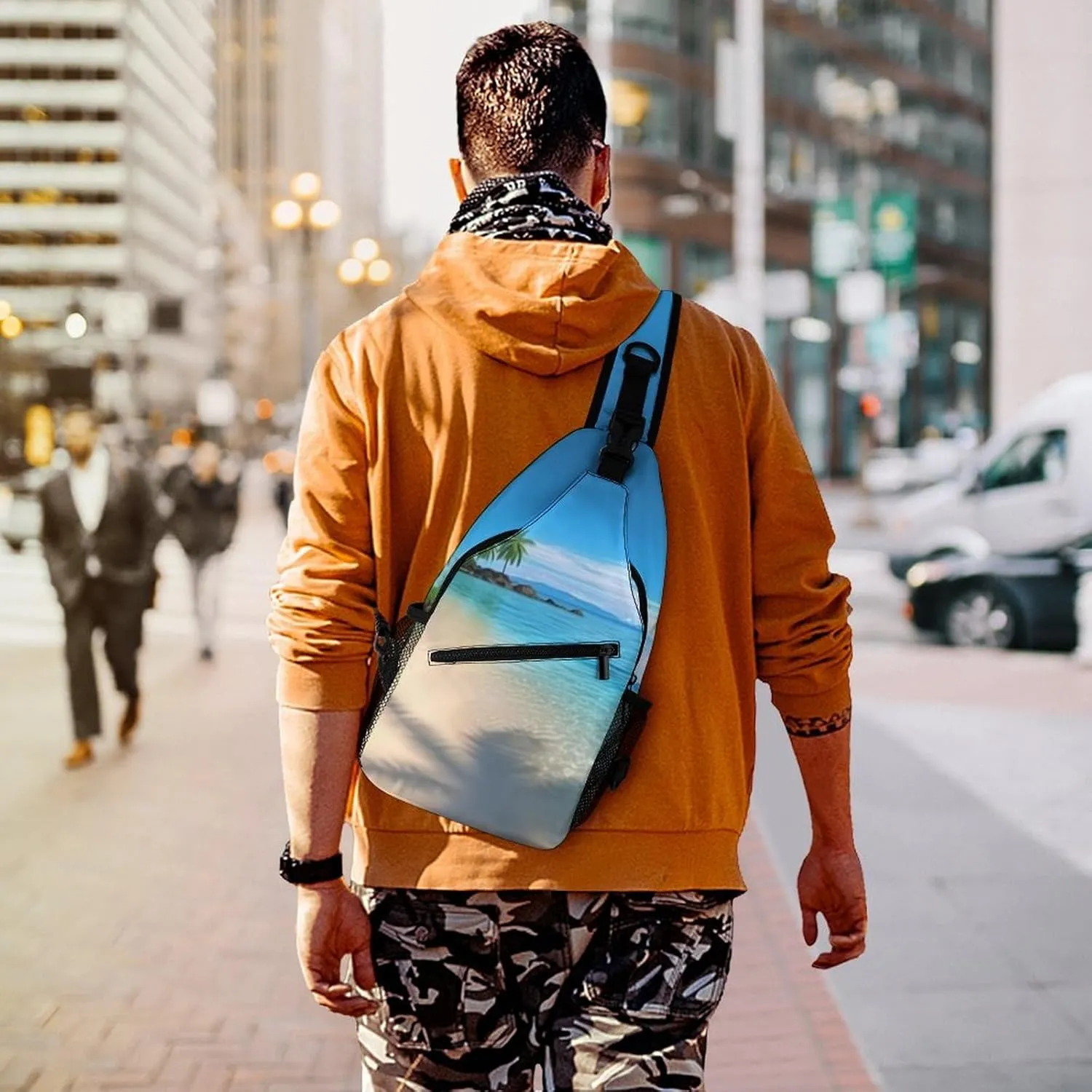 Crossbody Bag Travel Sling Bag for Men Small Sling Backpack Hawaiian Beach With Palm Trees Chest Bag Shoulder Bag for Outdoor, 38x20cm