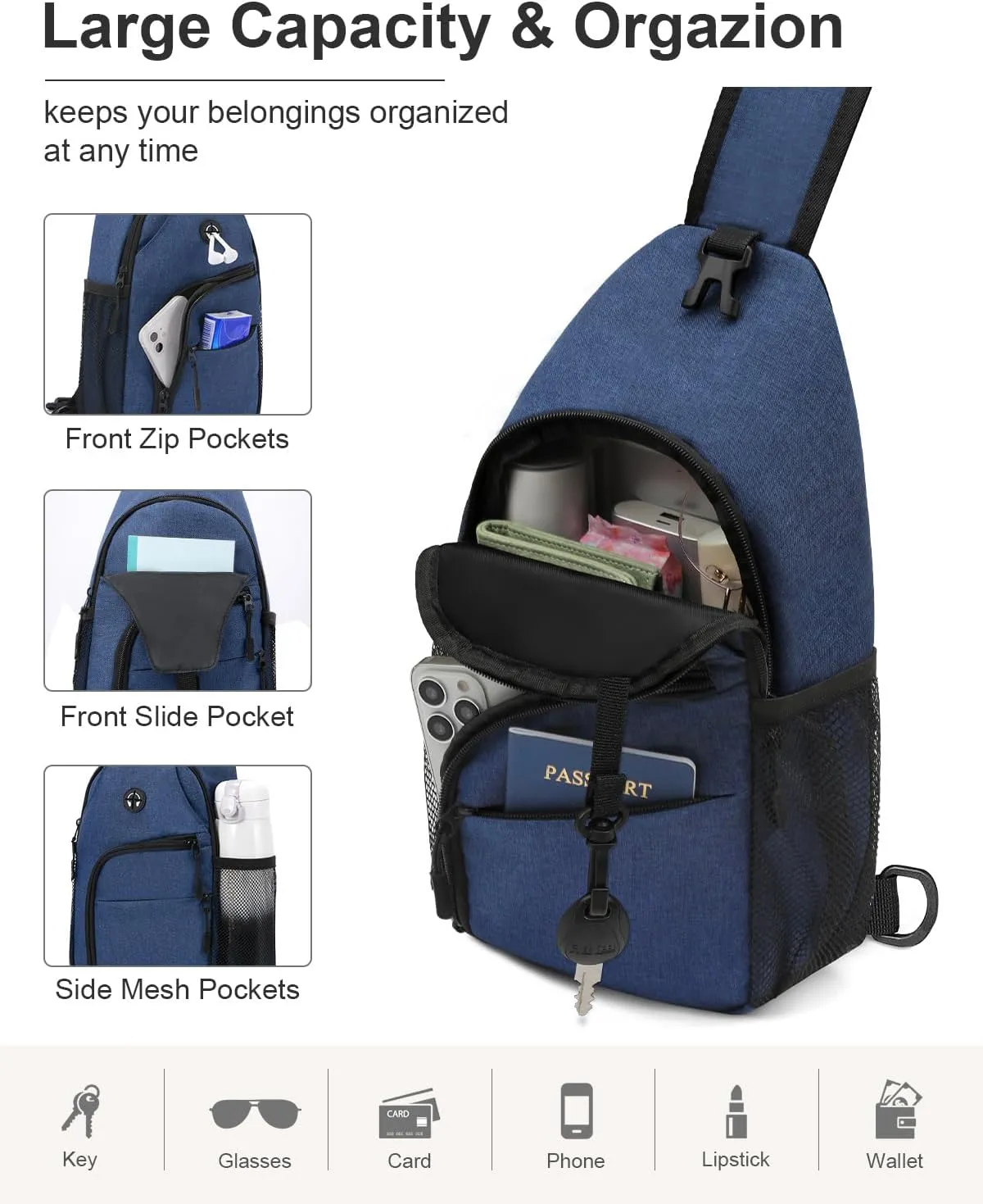 Crossbody Bags for Women Man Waterproof Sling Bag Backpack Trendy Casual Cross Body Bag with Convertible Shoulder Strap Chest Bag for Camping Hiking Travel Essentials (Blue, Medium)