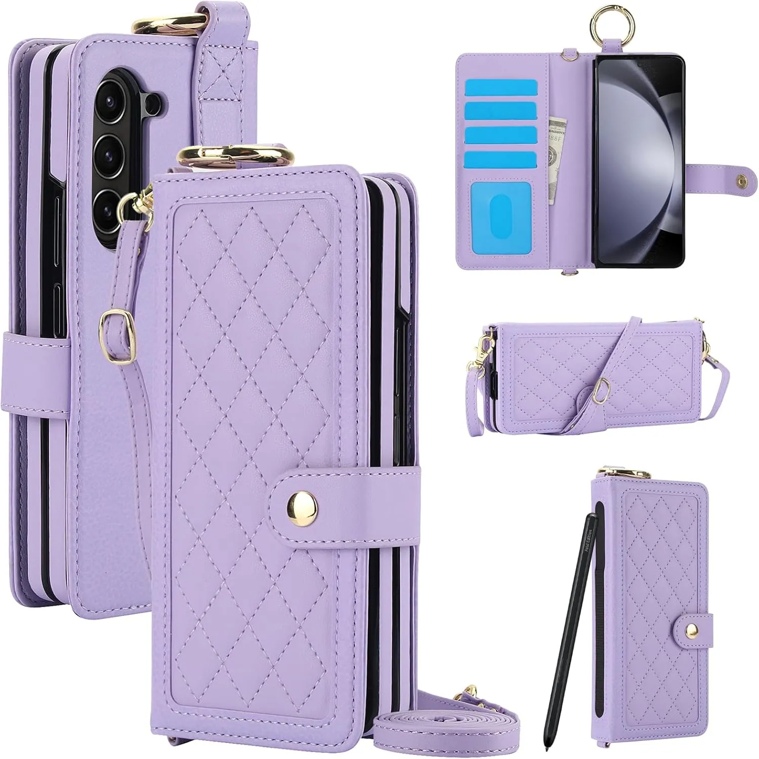 Crossbody Phone Case Designed for Samsung Galaxy Z Fold 6 with Finger Ring | Wallet Case with RFID Blocking |[Kickstand][Card Slots][S Pen Holder] Detachable Lanyard Shickproof Cover | Light Purple