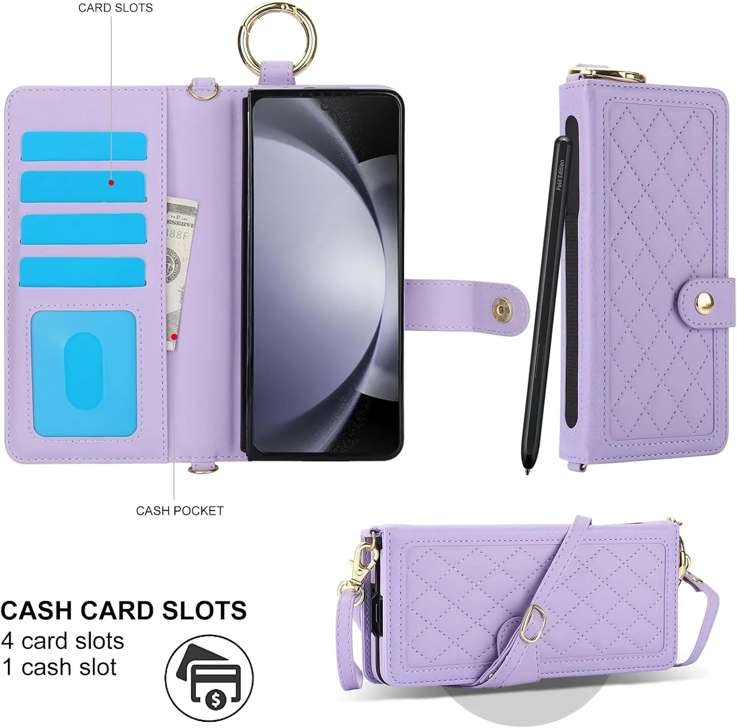 Crossbody Phone Case Designed for Samsung Galaxy Z Fold 6 with Finger Ring | Wallet Case with RFID Blocking |[Kickstand][Card Slots][S Pen Holder] Detachable Lanyard Shickproof Cover | Light Purple