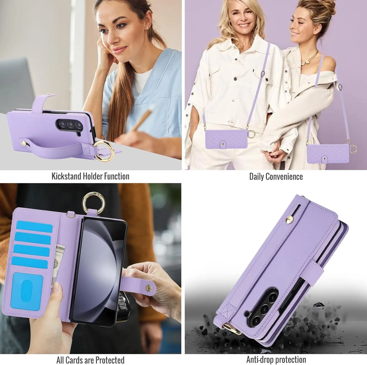 Crossbody Phone Case Designed for Samsung Galaxy Z Fold 6 with Finger Ring | Wallet Case with RFID Blocking |[Kickstand][Card Slots][S Pen Holder] Detachable Lanyard Shickproof Cover | Light Purple