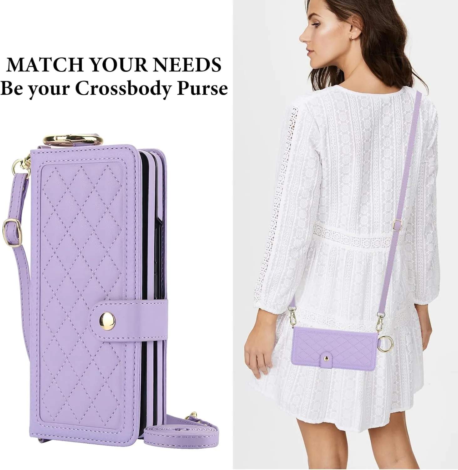 Crossbody Phone Case Designed for Samsung Galaxy Z Fold 6 with Finger Ring | Wallet Case with RFID Blocking |[Kickstand][Card Slots][S Pen Holder] Detachable Lanyard Shickproof Cover | Light Purple