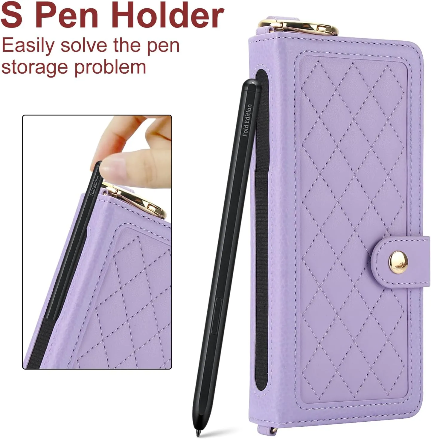 Crossbody Phone Case Designed for Samsung Galaxy Z Fold 6 with Finger Ring | Wallet Case with RFID Blocking |[Kickstand][Card Slots][S Pen Holder] Detachable Lanyard Shickproof Cover | Light Purple