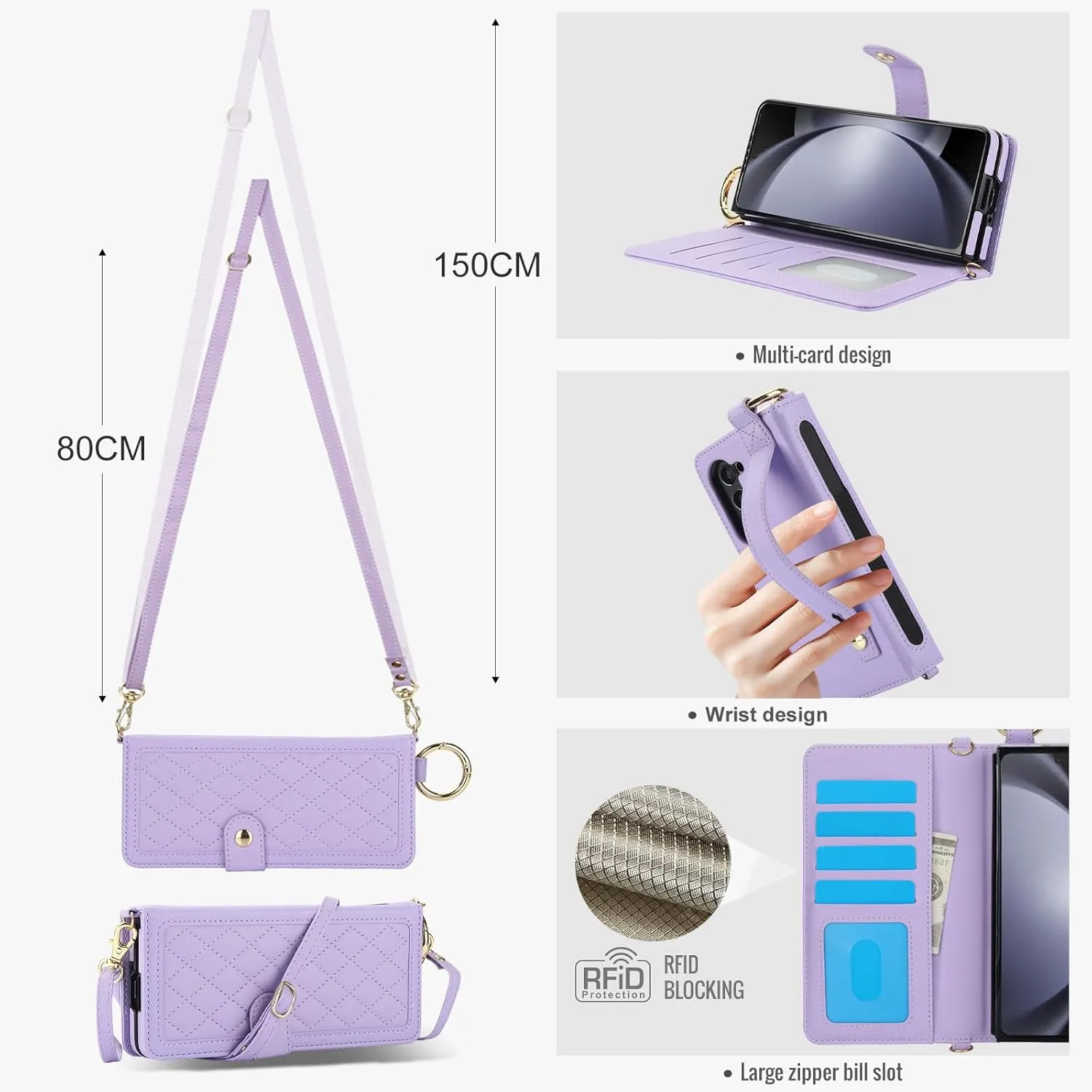 Crossbody Phone Case Designed for Samsung Galaxy Z Fold 6 with Finger Ring | Wallet Case with RFID Blocking |[Kickstand][Card Slots][S Pen Holder] Detachable Lanyard Shickproof Cover | Light Purple