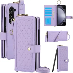 Crossbody Phone Case Designed for Samsung Galaxy Z Fold 6 with Finger Ring | Wallet Case with RFID Blocking |[Kickstand][Card Slots][S Pen Holder] Detachable Lanyard Shickproof Cover | Light Purple