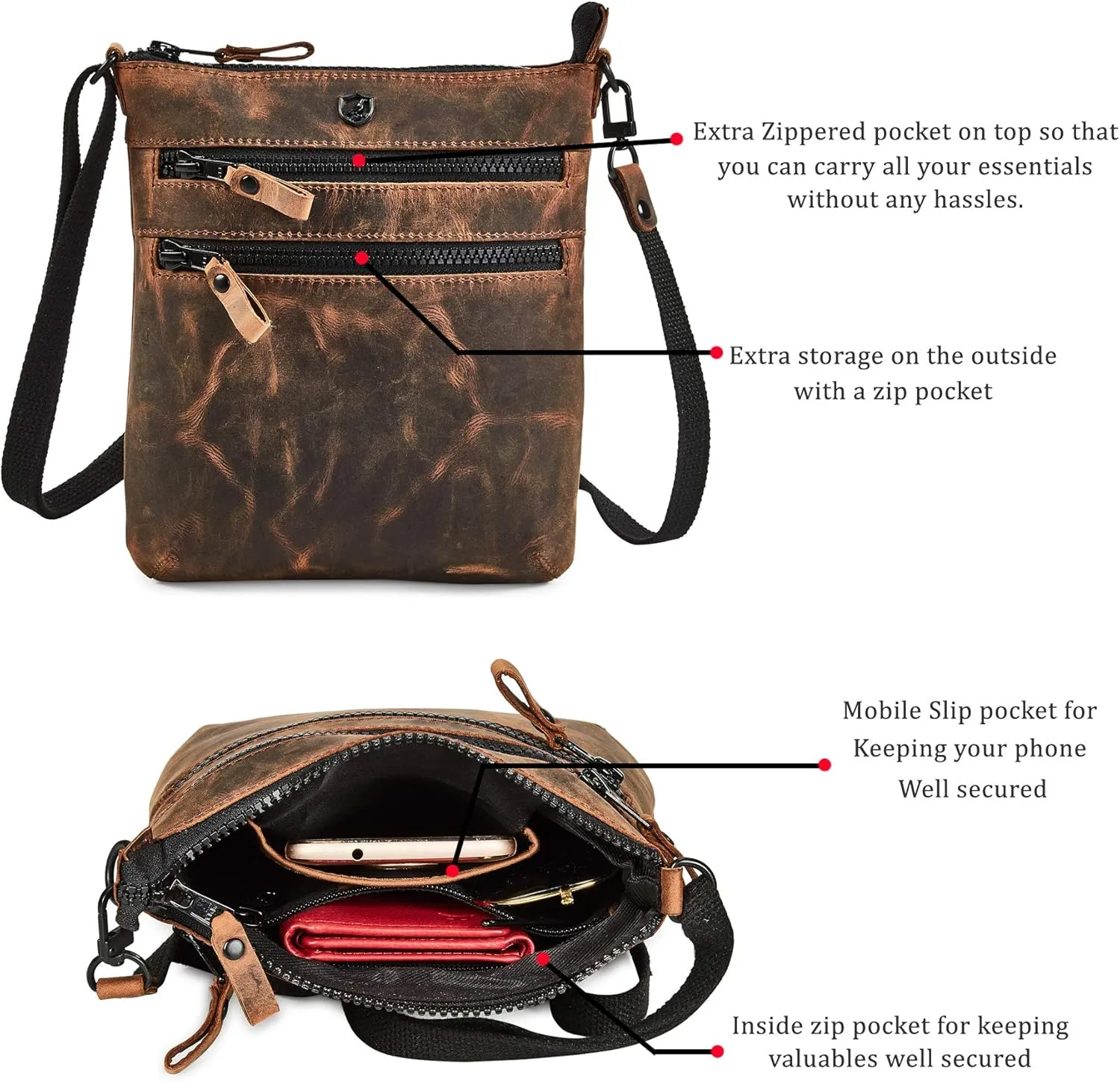 Crossbody Sling Bag for Women Small Real Leather Purse Vintage Travel Crossover Shoulder Bag Handmade