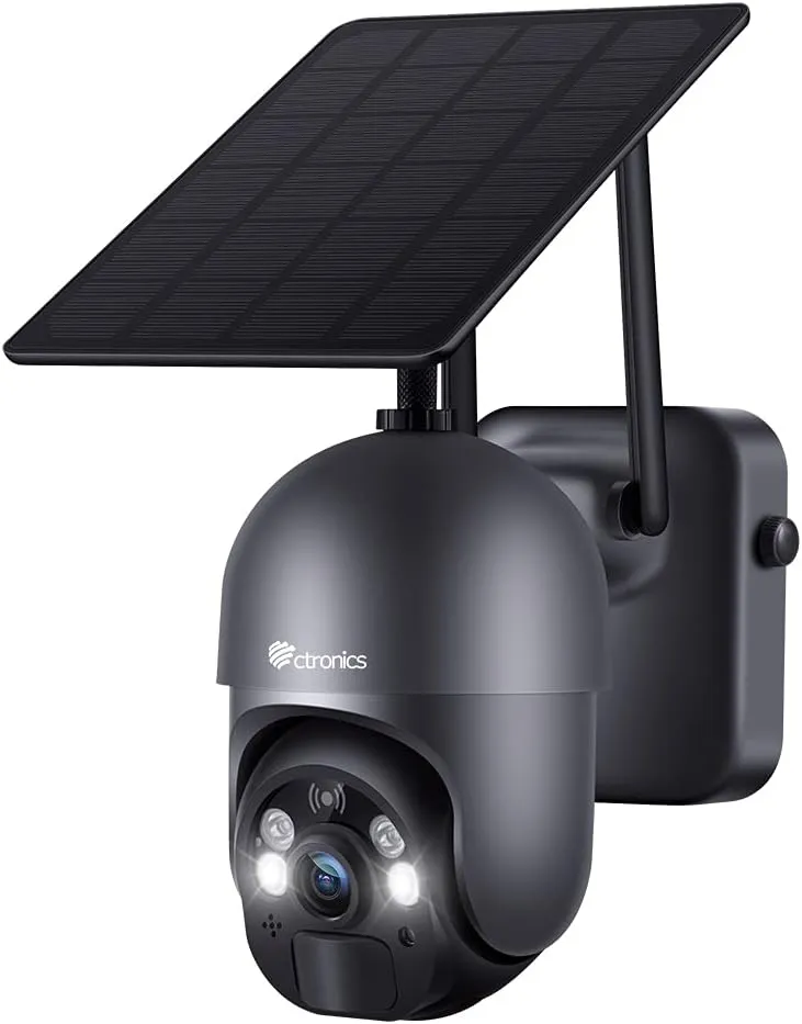 Ctronics 3MP Solar Security Camera Wireless Outdoor WiFi, PTZ Surveillacne Camera Battery-Powered for Home Security, 360° View, Spotlight Color Night Vision, PIR Human Detection, 2-Way Audio (Grey)