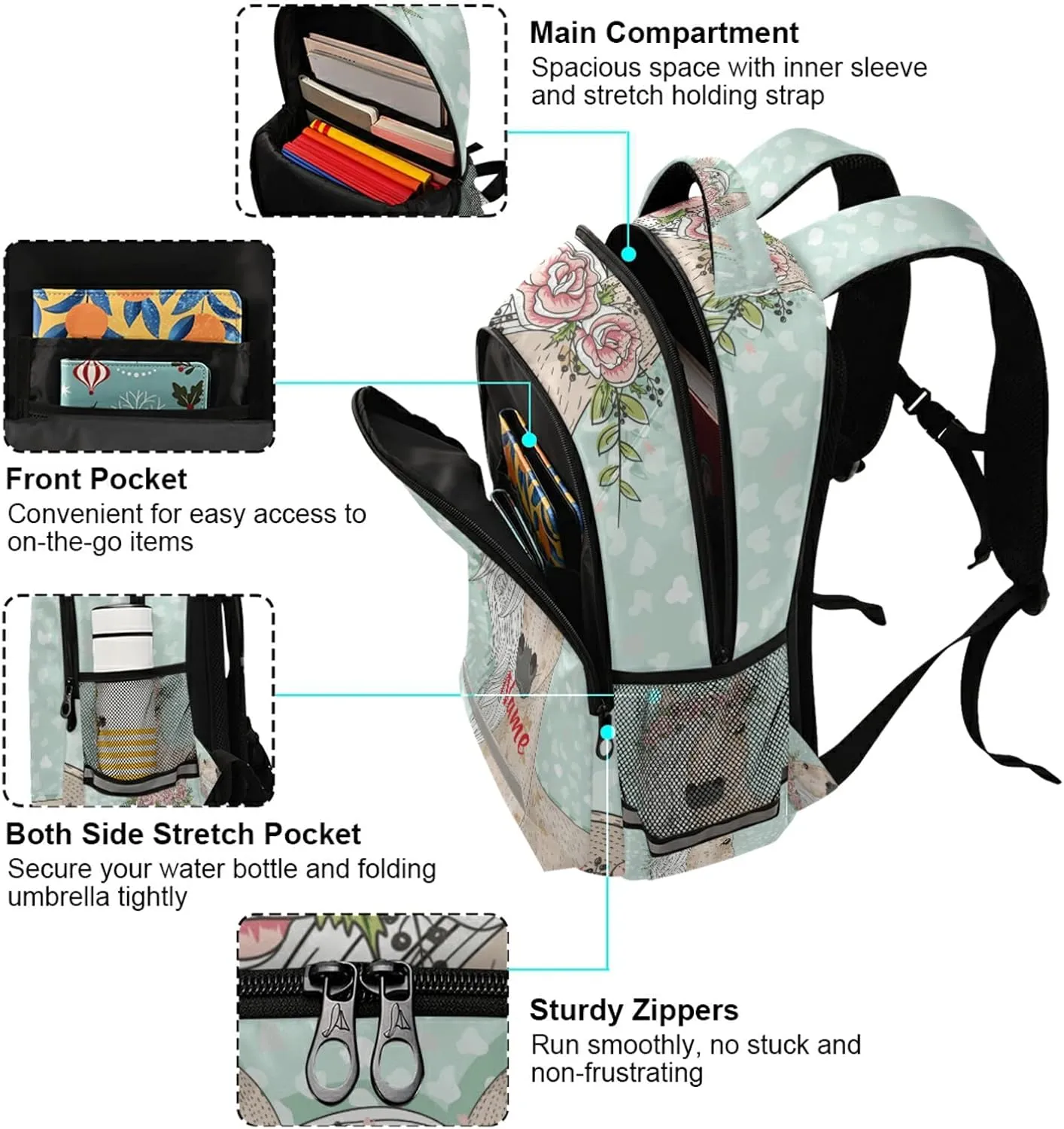 Custom Horse Flowers Backpack Personalized Name Schoolbag for Boys Girls Elementary School Bookbag Daypack Rucksack