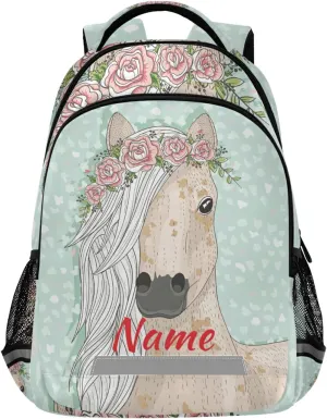 Custom Horse Flowers Backpack Personalized Name Schoolbag for Boys Girls Elementary School Bookbag Daypack Rucksack