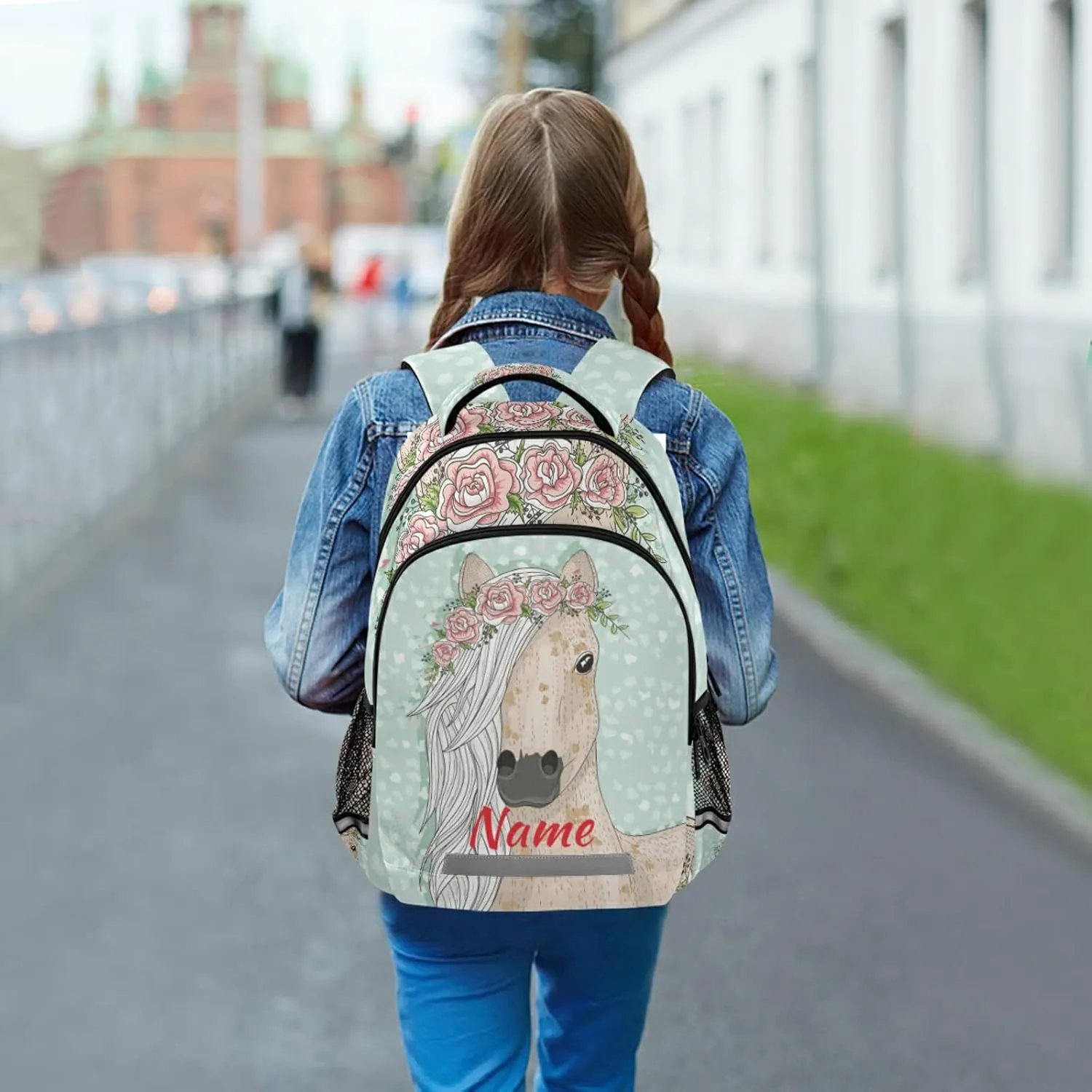 Custom Horse Flowers Backpack Personalized Name Schoolbag for Boys Girls Elementary School Bookbag Daypack Rucksack