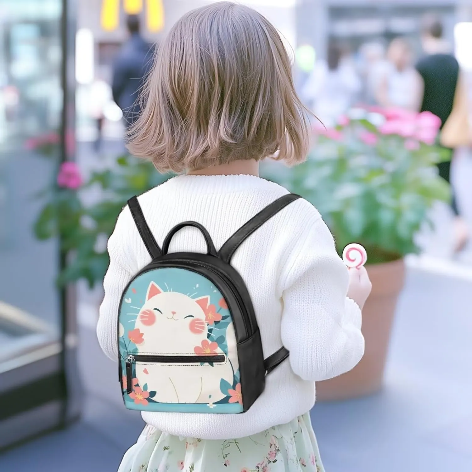 Custom Kawaii Mini Backpack Purse For Women Teen Girls PU Leather Zipper Closure Handbag Tote Small Travel Shopping Bag For School Travel Vacation Mini Casual Daypack Cute Cat Print