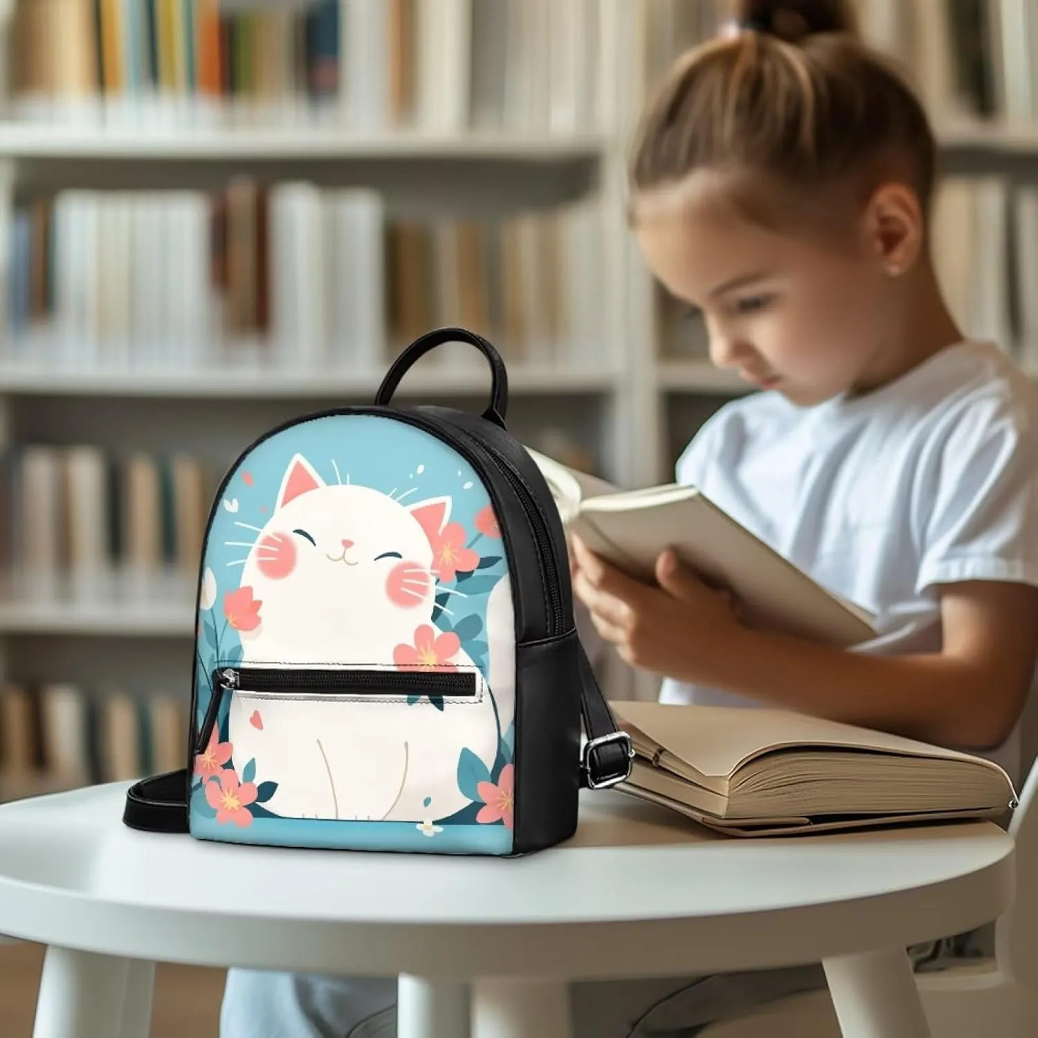 Custom Kawaii Mini Backpack Purse For Women Teen Girls PU Leather Zipper Closure Handbag Tote Small Travel Shopping Bag For School Travel Vacation Mini Casual Daypack Cute Cat Print
