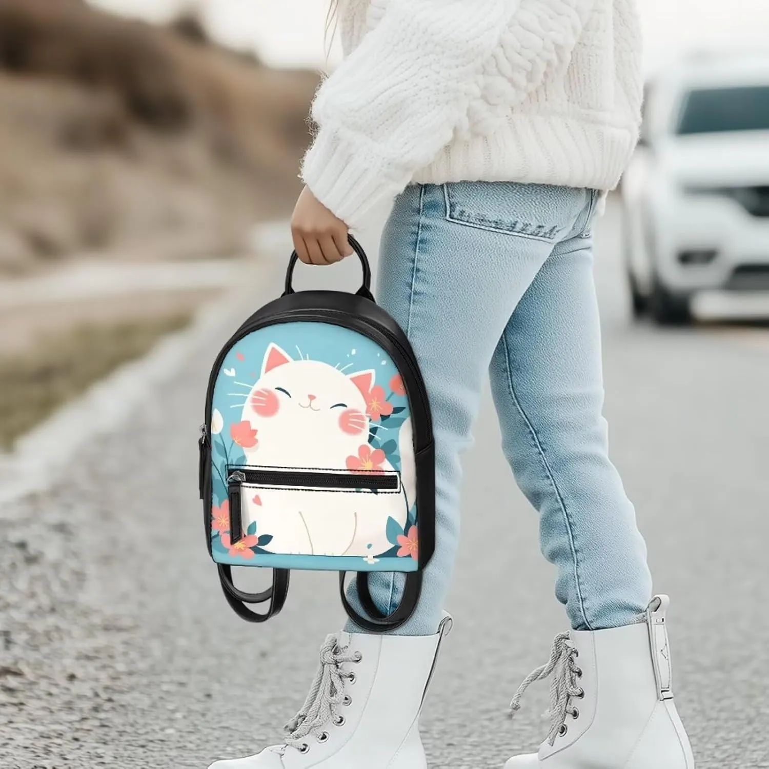 Custom Kawaii Mini Backpack Purse For Women Teen Girls PU Leather Zipper Closure Handbag Tote Small Travel Shopping Bag For School Travel Vacation Mini Casual Daypack Cute Cat Print